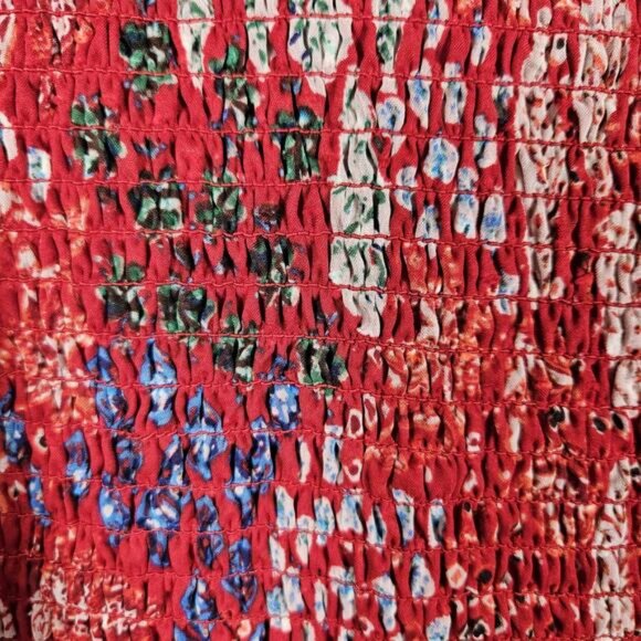 Loft Garden Smocked Bodice Tiered Maxi Dress Floral Long Sleeve Red 12 Large NWT - Picture 4 of 16